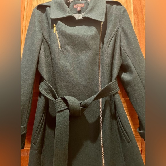 Dana Buchman Asymmetrical Belted Dark Green Trench Coat w/ Gold Zipper Buttons - Picture 7 of 16